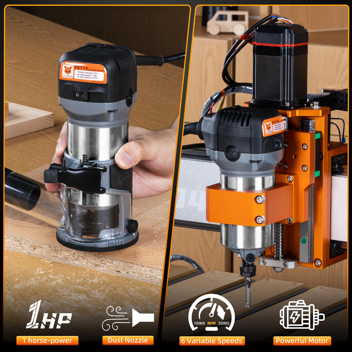 FoxAlien 1HP 710W 65mm Diameter Compact Palm Router for CNC Woodworking,6 Variable Speeds Max 30000 R/MIN Wood Trimmer with 1/4” Collect (110V) FoxAlien