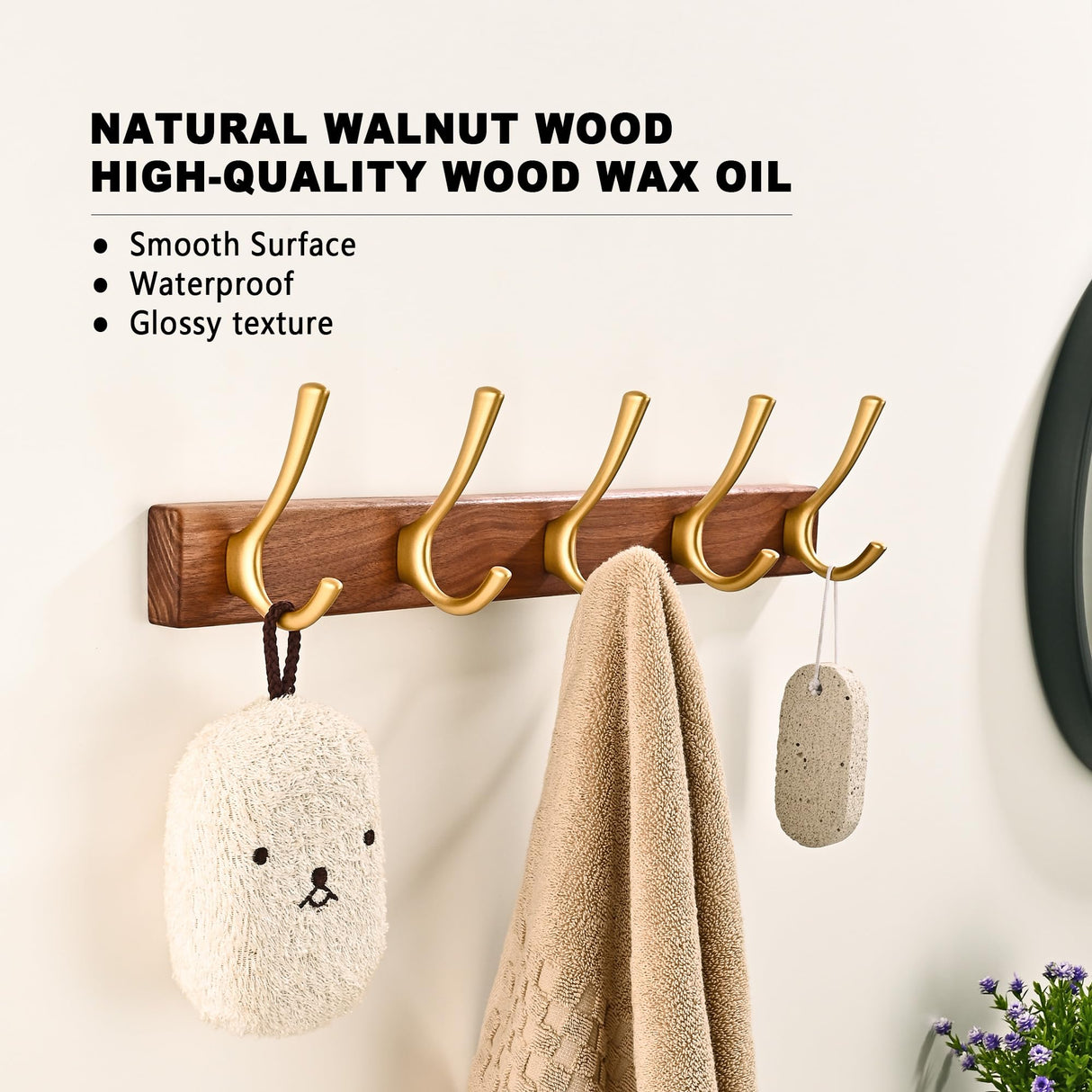 LECHYN 17.3" Small Walnut Wood Coat Rack Wall Mount with 5 Hooks, Heavy Duty Wooden Jacket Hanger Door Mounted for Decorative Entryway Bathroom Hanging Towel Backpack Purse Clothes Hat Key Gold LECHYN