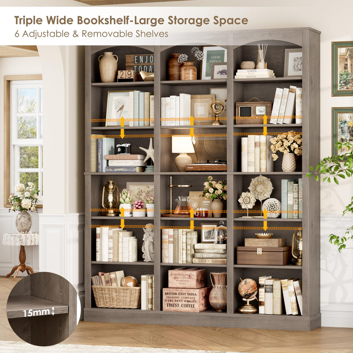 FACBOTALL 71" Triple Wide Bookshelf, 6 Tier Tall Bookshelf, Large Bookcase with Curved Baffle, 63.4" Wide Book Shelf with 18 Open Display Shelves for Living Room, Study, Gray FACBOTALL