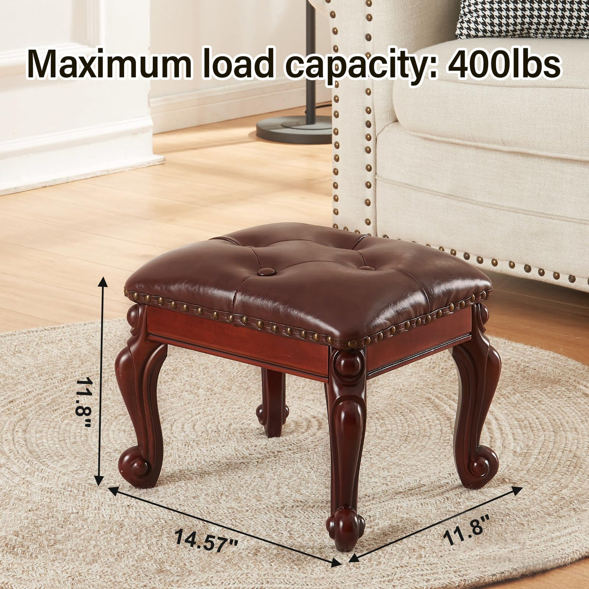 KUKEJCM Ottoman Foot Rest, Small Leather Footstool, Vintage Living Room Ottoman, Solid Wooden Shoe Stool, Dark Brown KUKEJCM