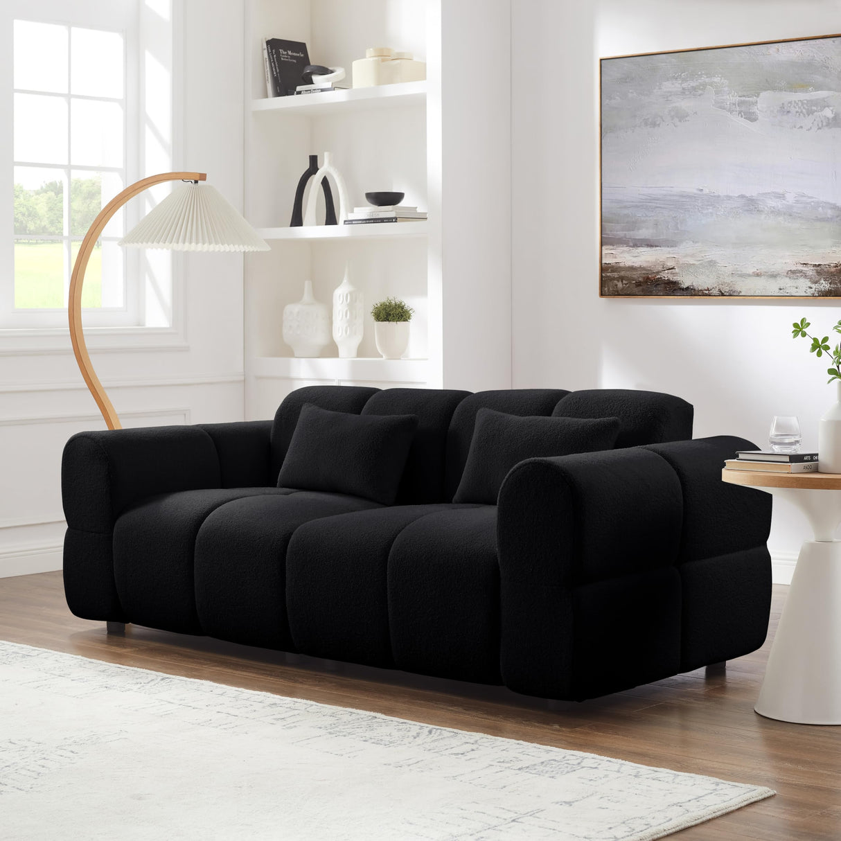 PINSOLID 80" Modern Sofa Couch, Comfy Deep Seat Lambswool Cloud Sofa, Upholstered 3-Seater Boucle Couch, Oversized Loveseat for Living Room, Bedroom, Office, Apartment(Black) PINSOLID