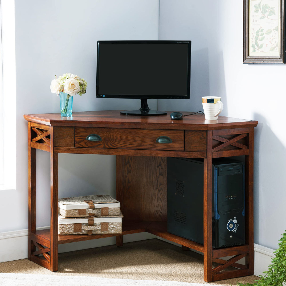 Leick Home 82431 Corner Computer Writing Desk with Drop Front Keyboard Drawer, Oak Leick Home