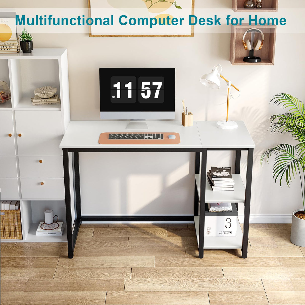 SINPAID Computer Desk 40 inches with 2-Tier Shelves Sturdy Home Office Desk with Large Storage Space Modern Gaming Desk Study Writing Laptop Table, White Desk SINPAID