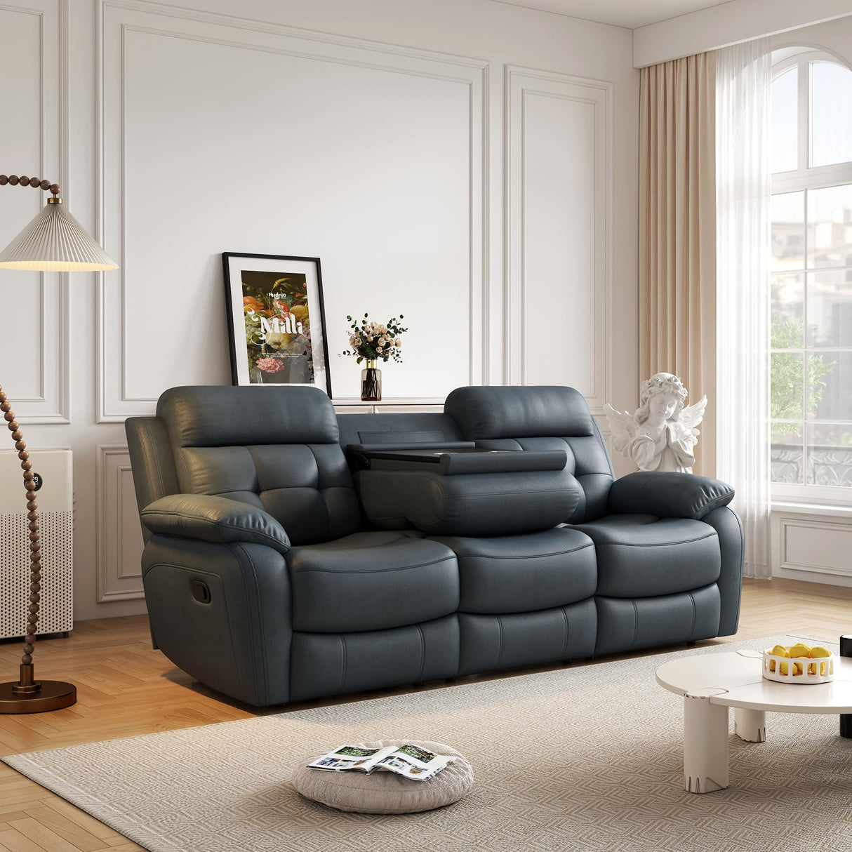 Familymill Genuine Leather Manual Reclining Sofa Couch with Drop Down Table, Stainless Steel Cupholders, and Magazine Bag for Living Room Home Theater Office Familymill