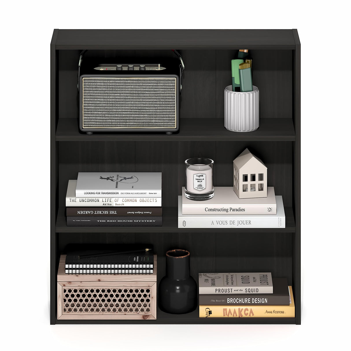 Furinno Basic Book Shelf, 3-Tier Bookshelf, Cube Storage Organizer Bookcase with Open Shelf, 7 x 24 x 26, for Living Room, Bedroom, Home Office, Espresso Furinno