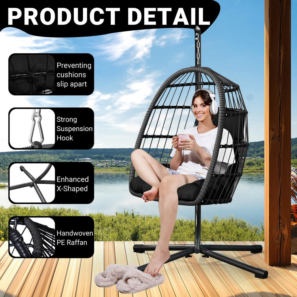 LEVELEVE Egg Chair with Stand,Patio Rattan Wicker Hanging Swing Egg Chair Hammock Chair for Bedroom Porch Garden,Thickened Aluminum Alloy Steel Frame and UV Resistant Cushion,350LBS Capacity LEVELEVE