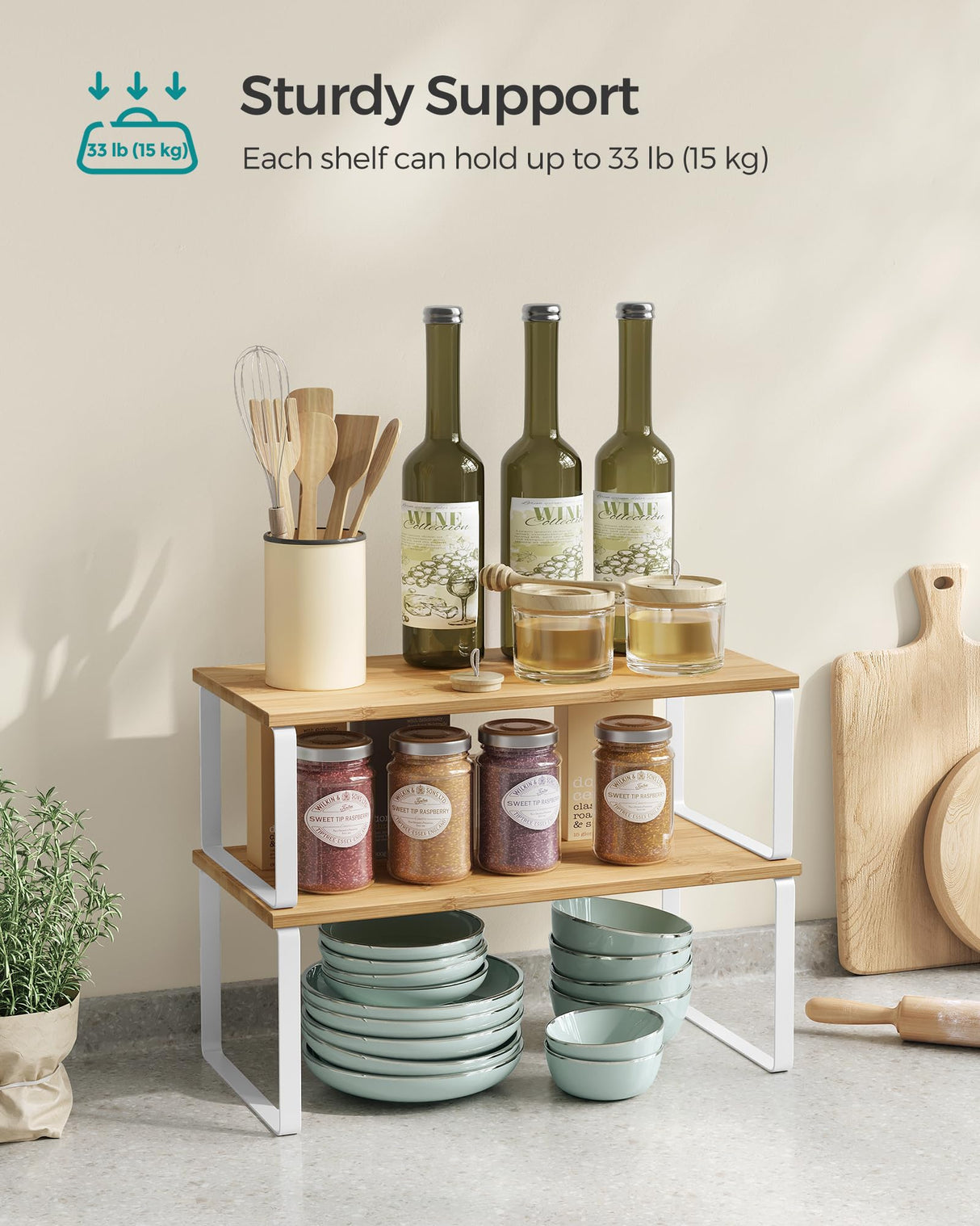 SONGMICS Cabinet Organizer Shelf, Set of 4 Kitchen Counter Shelves, Kitchen Storage, Spice Rack, Stackable, Expandable, Metal and Engineered Wood, SONGMICS