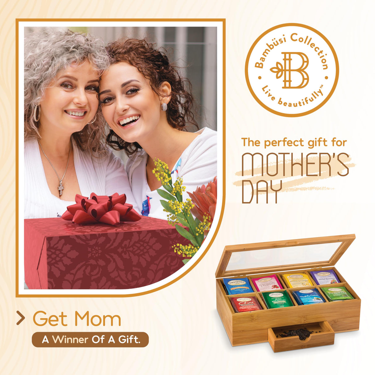 Bamboo Tea Bag Organizer Storage Box with Drawer & Acrylic Window - Magnetic Lid Keeps Contents Fresh - Ideal Mothers Day Gifts for Mom - Gift Caddy (Tea Not Included) Bambüsi