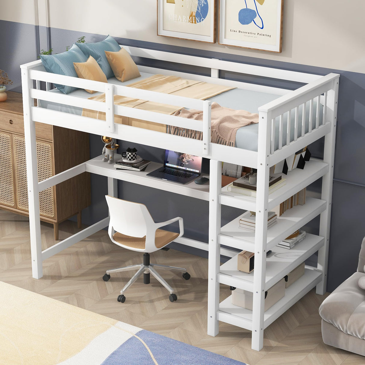 Merax Twin Size White Wood Loft Bed with Under-Bed Desk and 4 Storage Shelves Merax