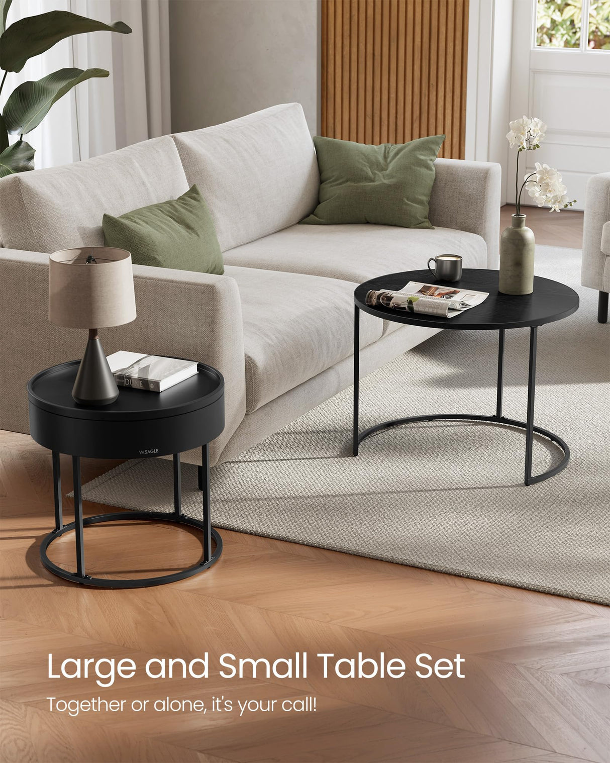 VASAGLE Round Coffee Tables, Set of 2 Nesting Tables, Modern Round Side Tables with Hidden Storage and Top Tray, for Living Room, Bedroom, Office, Ebony Black and Ink Black ULCT044B56 VASAGLE
