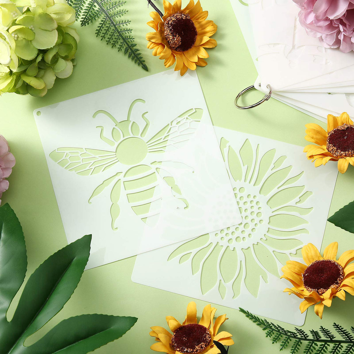 16 Pieces Stencil for Painting Sunflower Butterfly Floral Stencil Spring Summer Large Reusable Hummingbird Painting Templates and Metal Open Ring for DIY Craft on Wood Wall Home Decor(6.3 x 6.3 Inch) Zonon
