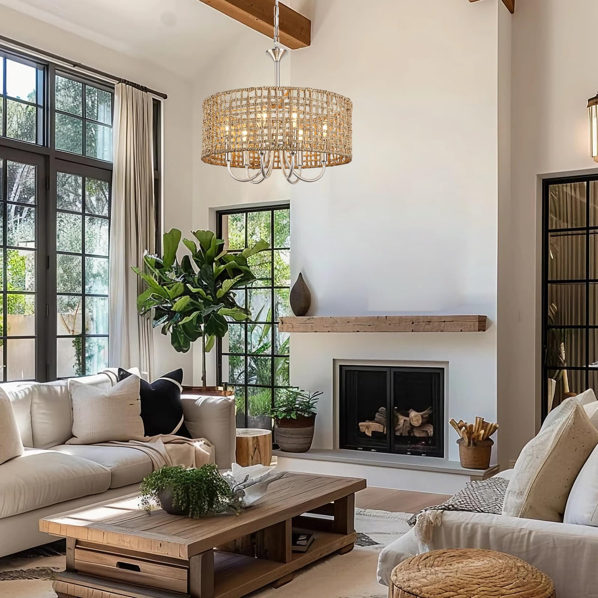 LynPon 17.7" Brushed Nickel Boho Rattan Chandeliers for Dining Room, 6-Light Seagrass Pendant Light Fixtures with Hand Woven Wicker Shade, Farmhouse Drum Chandelier for Living Room Kitchen Hallway LynPon