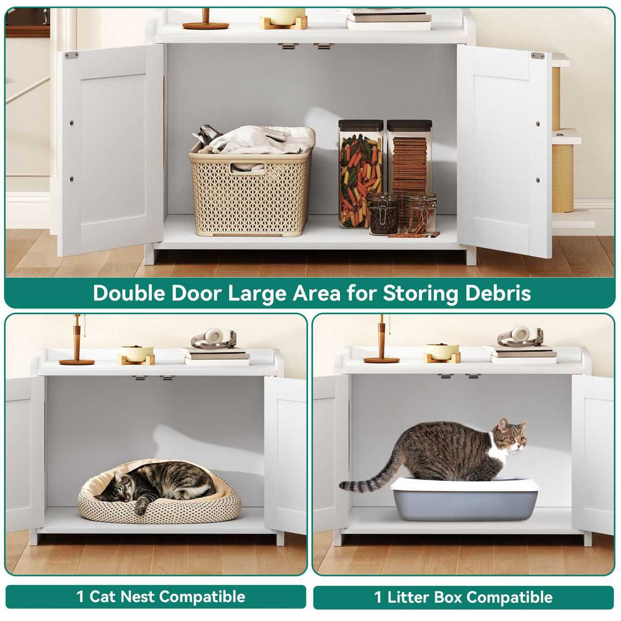 YITAHOME 27" Cat Litter Box Enclosure, Modern Cat Litter Box Furniture Hidden with Scratching Post&cusion, Wooden Cat House as Side End Table Nightstand, Fit Most of Litter Box, White YITAHOME