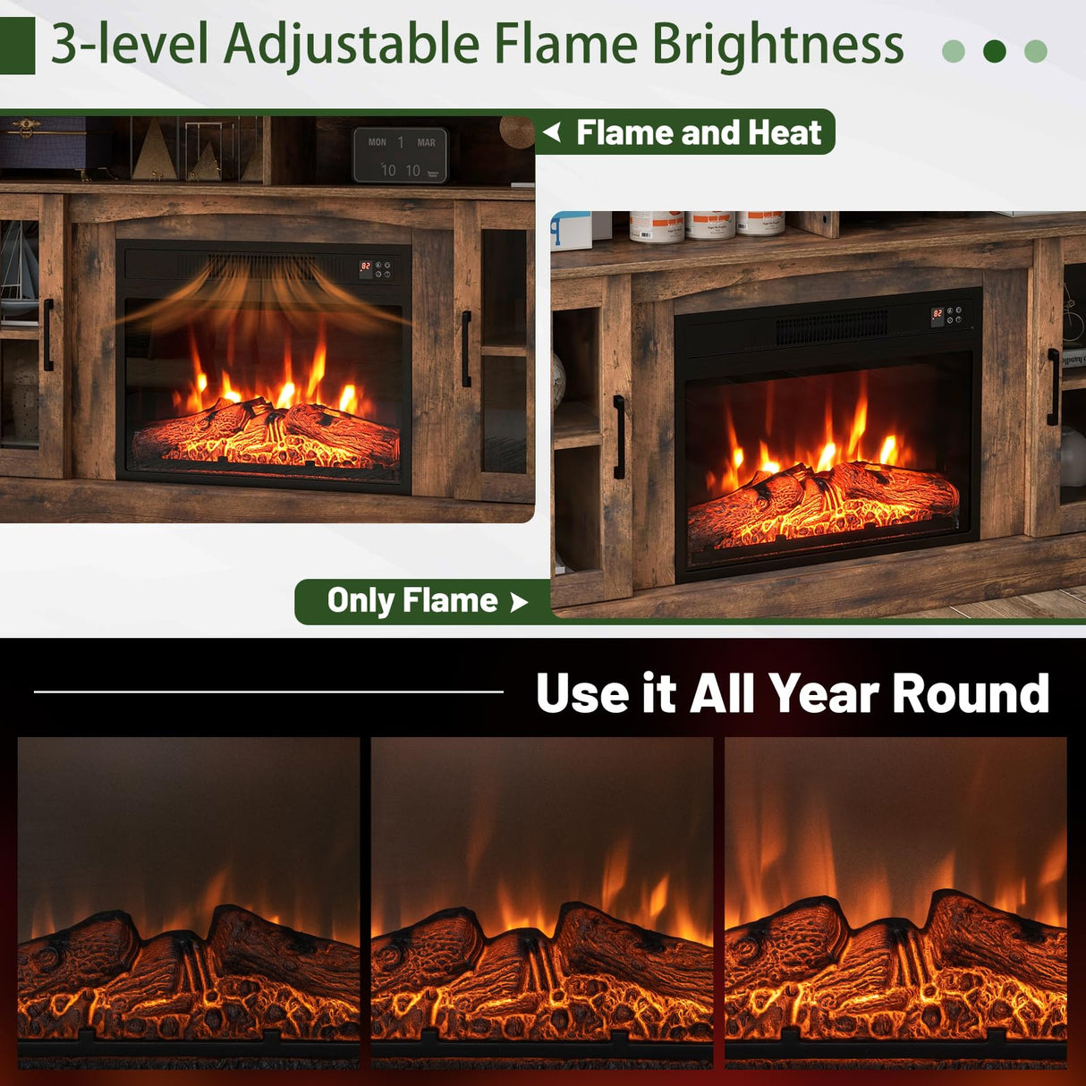 SIMOE Fireplace TV Stand with 23 Inch Fireplace, Electric Fireplace TV Console for TVs up to 65", Entertainment Center with 2 Cabinets & Remote Control, 6H Timer & 3 Flame Brightness, Brown, 58 Inches SIMOE