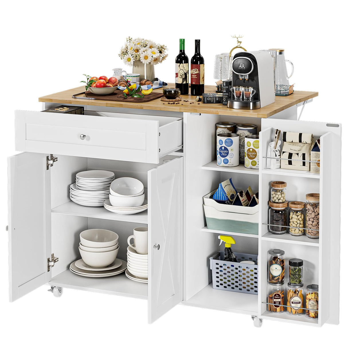 BOTLOG Kitchen Island with Storage, Island Table on Wheels with Drop Leaf, Spice Rack, Drawer, Towel Rack, Rolling Kitchen Island Cart for Dinning Room, White 15.7-27.55" D x 47.63" W x 35.43" H BOTLOG