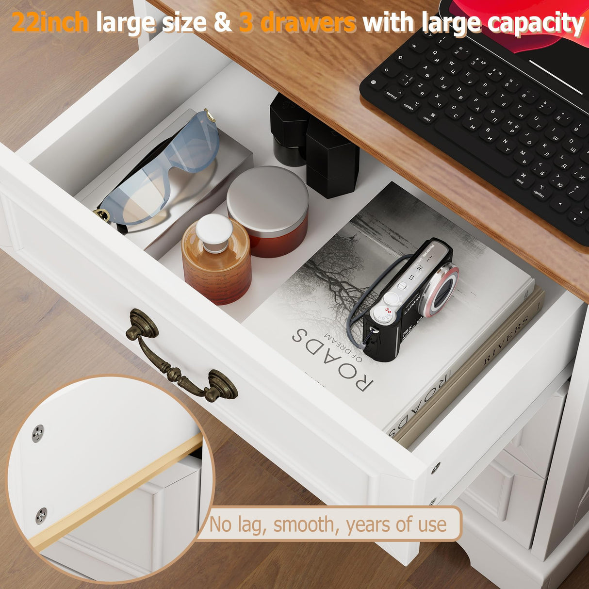 HOPUBUY 22" Farmhouse Nightstand Set of 2 with Charging Station, Wood Night Stand with Antique Handles, 3 Drawer Night Stand Tall Nightstand for Bedroom, Off White and Brown Top HOPUBUY