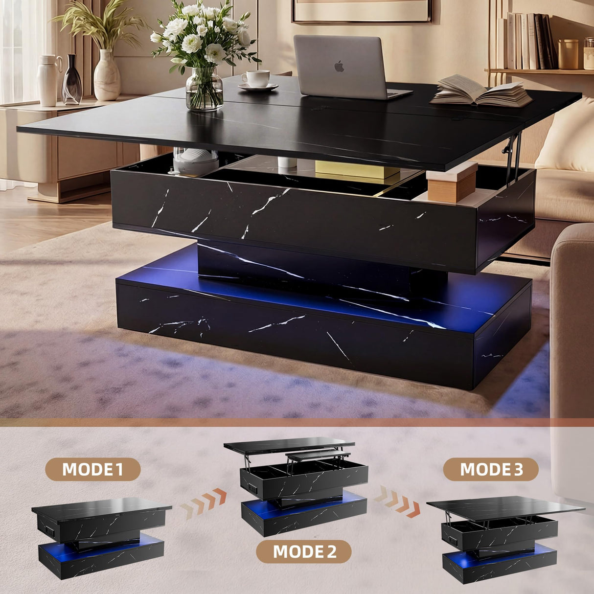 40" Lift Top Coffee Table, Multi-Function Convertible Workstation Table with Storage & Charging Station, Modern Faux Marble Design for Living Room & Small Spaces Fabulcozy