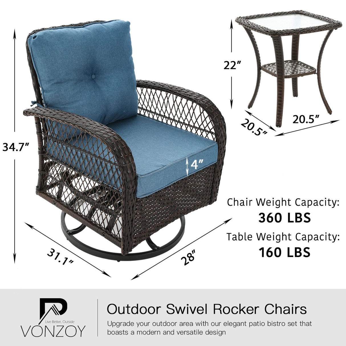 VONZOY 3 Pieces Patio Furniture Set, Outdoor Swivel Glider Rocker, Wicker Patio Bistro Set with Rocking Chair, Thickened Cushions and Table for Porch (Blue) VONZOY