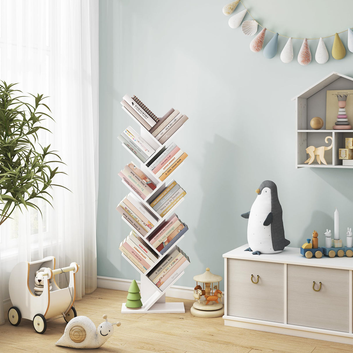 Hoctieon 10 Tier Tree Bookshelf, 10 Shelf Bookcase, Free Standing Tree Bookcase, Display Floor Standing Shelf for Books, Book Shelf Organizer, White Hoctieon