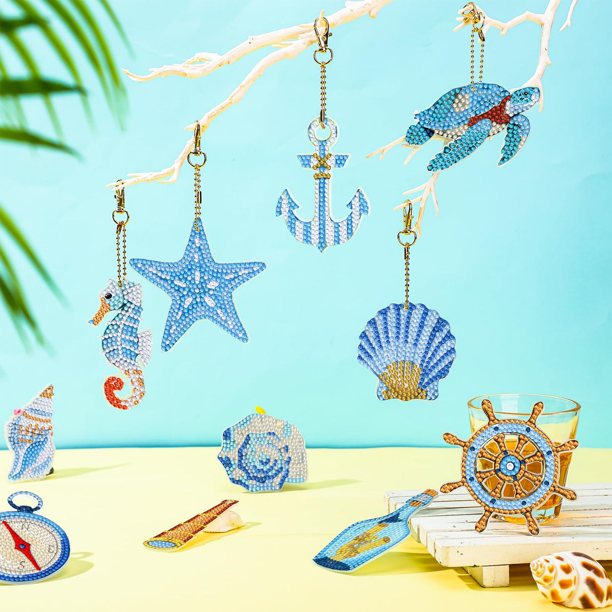 BBTO 15 Pcs Summer Ocean Diamond Painting Keychains Kits 5D DIY Summer Diamond Art Painting Keyrings Sea Animals Theme Key Chains for Beach Party Crafts Ornaments BBTO