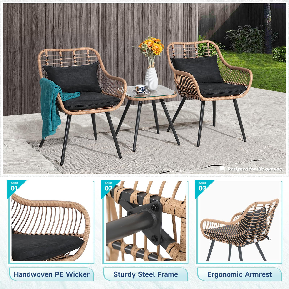Verano Garden 3 Piece Patio Bistro Set, Outdoor Wicker Conversation Chair Sets Balcony Furniture,Coffee Table with Glass Top, Cushions & Lumbar Pillows for Porch, Backyard, Deck, Poolside Verano Garden
