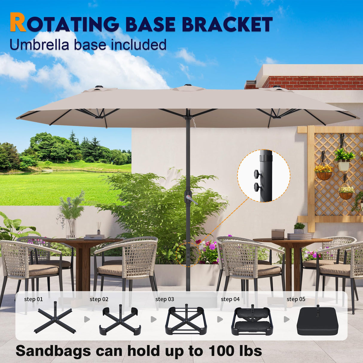 DomeShade 15ft Patio Umbrella with Base,Large Outdoor Double-Sided Rectangle Umbrella with Crank Handle, Market Umbrella for Poolside Garden Deck Backyard Beach Pools, Beige DomeShade