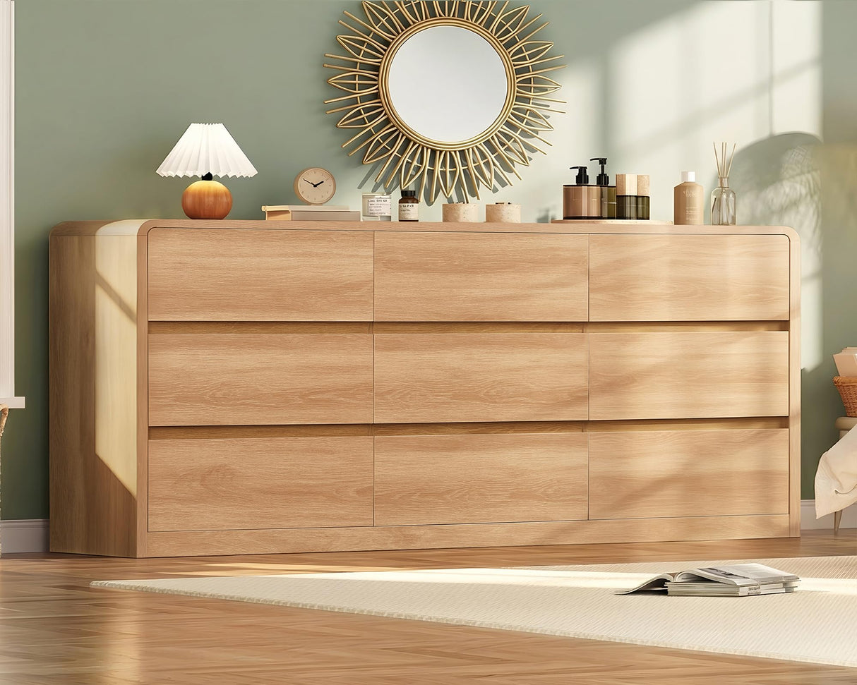 TEENFON 9 Drawer Dresser for Bedroom, 63" Wide Dressers & Chest of Drawers with Curved Profile Design, Wood Closet Storage Dressers Organizer for Bedroom, Living Room, Natural TEENFON