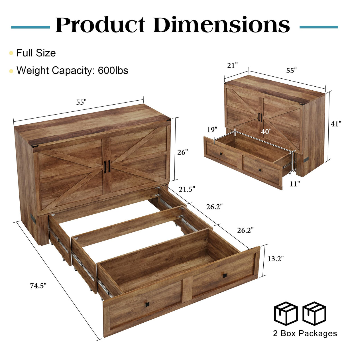 LUXOAK Queen Murphy Bed with Storage and Charging Station, Farmhouse Cabinet Bed, Noise-Free, for Guest Room, Apartment, or Office, Barnwood LUXOAK