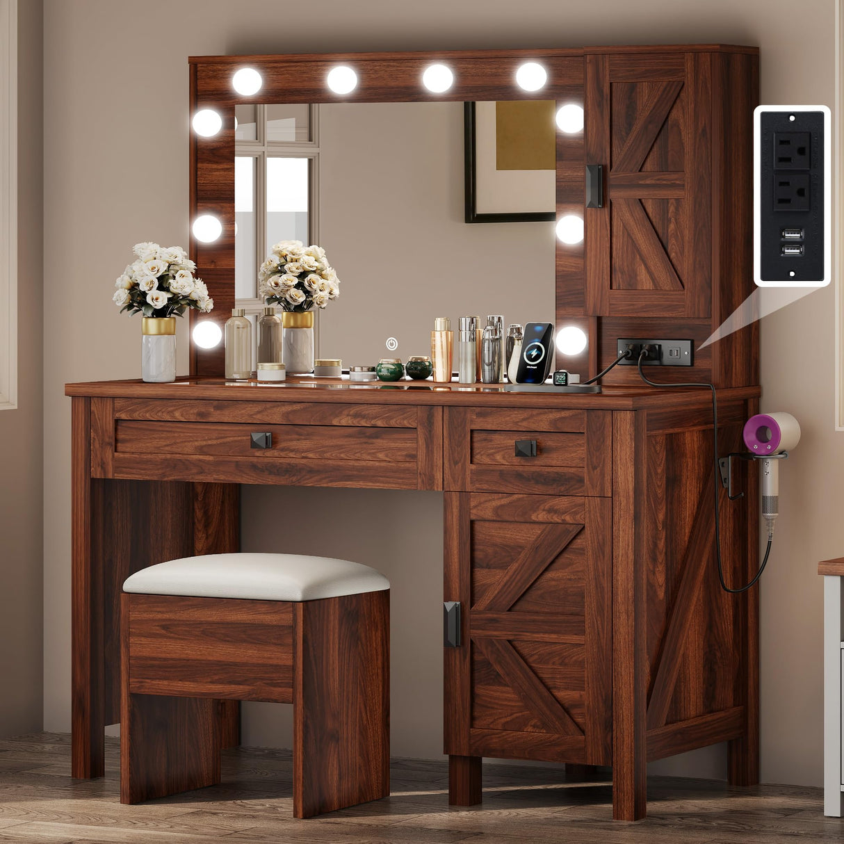 YITAHOME Farmhouse Vanity Makeup Desk with Charging Station, Large Vanity Desk with Lights Mirror and Drawers for Makeup, Modern Vanity Table Set with Vanity Stool for Bedroom, Rustic Brown YITAHOME