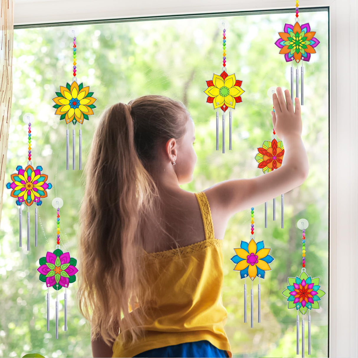 Winlyn 24 Sets Lotus Flower Suncatcher Wind Chimes Decorations DIY Window Paint Art Stickers Craft Kits Flower Sun Catchers for Kids Classroom Birthday Spring Summer Party Activities Art Project Winlyn