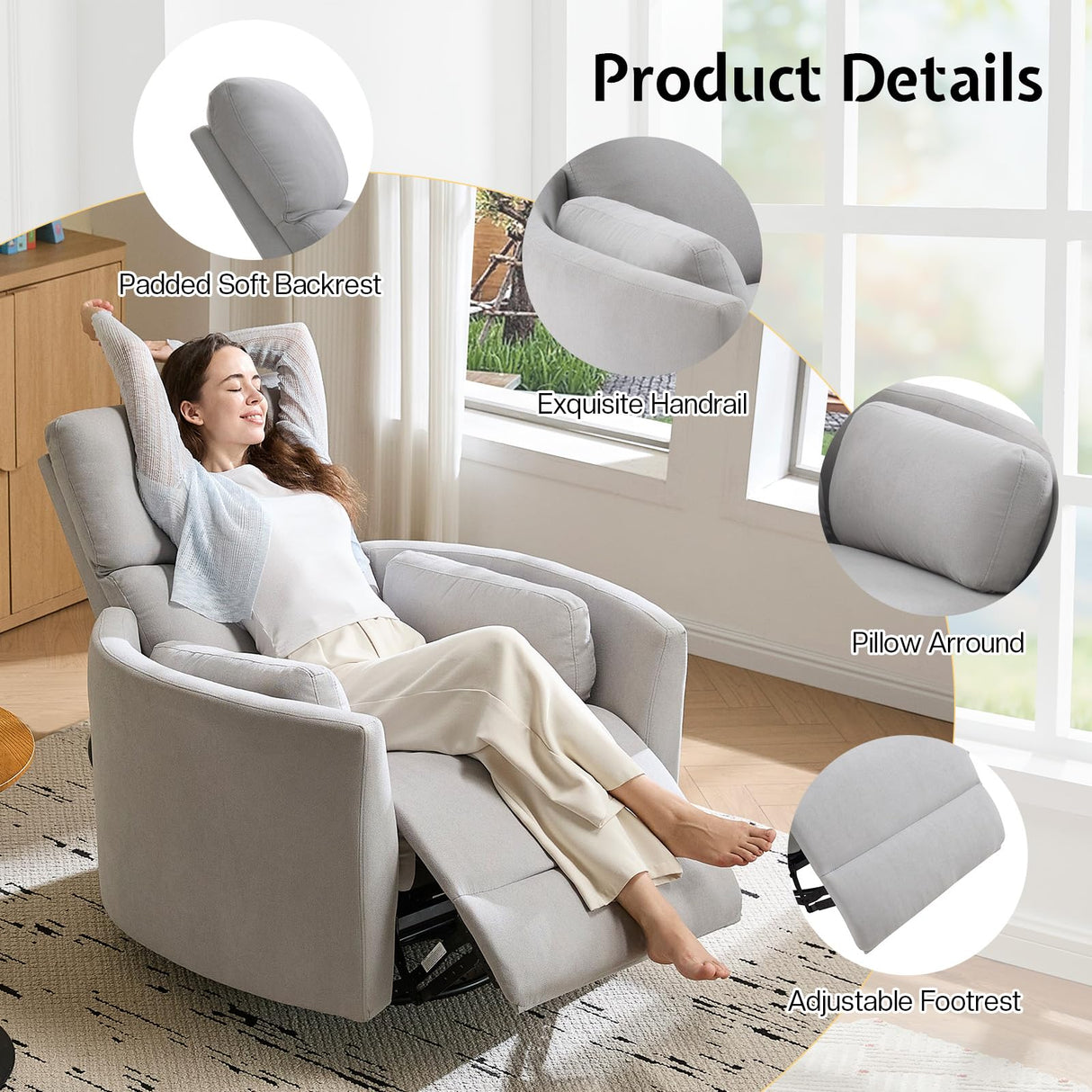Jocisland Power Recliner Nursery Chair for Adults, Electric Swivel Rocking Glider with USB & Type-C, Soft Fabric Armchair with 2 Pillows, Cozy Reclining Sofa for Living Room, Bedroom, Light Grey Jocisland