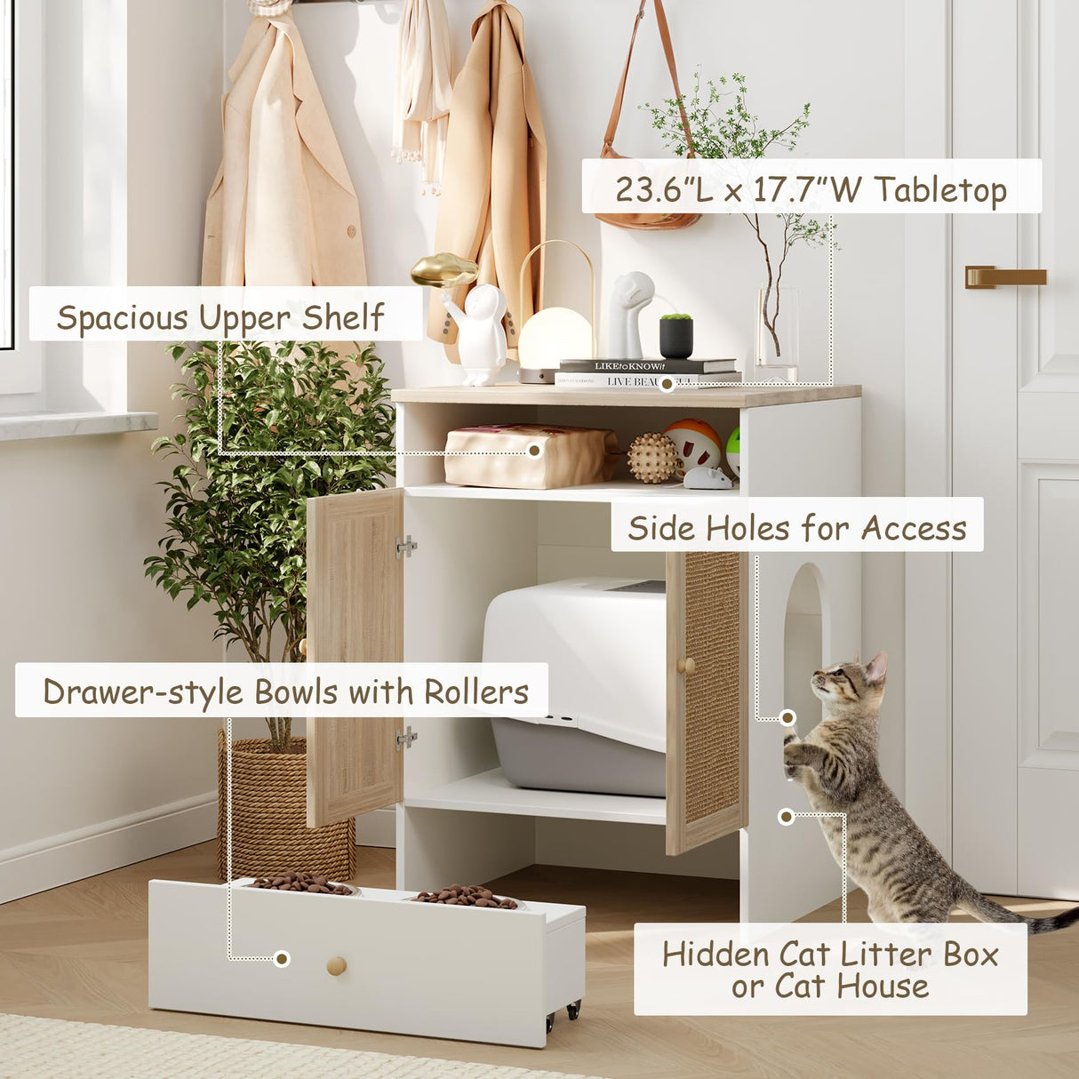 Cat Litter Box Enclosure Furniture Hidden - Indoor 3-in-1 Wooden Cat House & Washroom Cabinet with Scratching Board Doors, Shelf and Feeder Bowls, 23.6”x17.7”x32.7”H Faceket