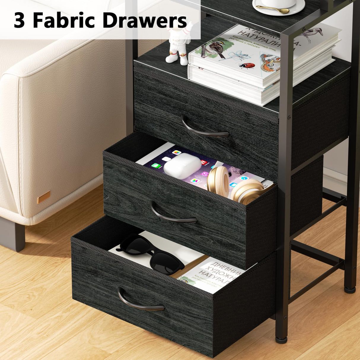 Furnulem Night Stand, Tall Nightstand with 4-Tier Shelves and 3 Fabric Drawers, LED Bed Side Tables with Charging Station, Bedside Table for Bedroom, Hallway, Home Office, Black Oak Furnulem