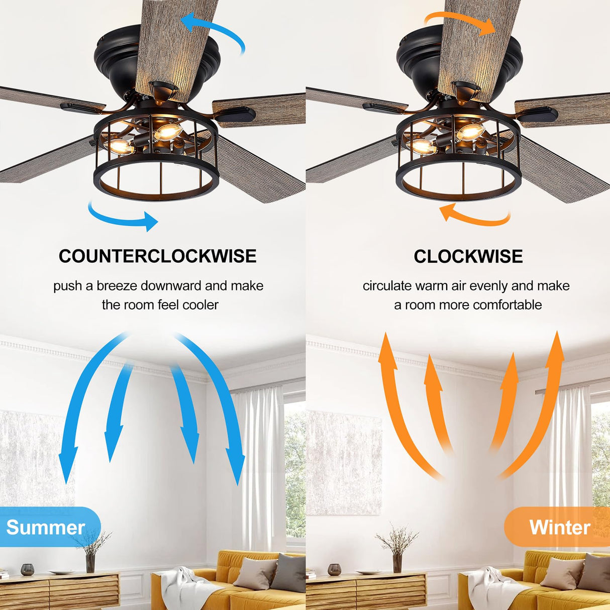 Breezary 52 Inch Flush Mount Farmhouse Ceiling Fan with Light and Remote, Reversible AC Motor, 5 Dual Finish Blades, Industrial Low Profile Black Ceiling Fan light for Bedroom Home Breezary