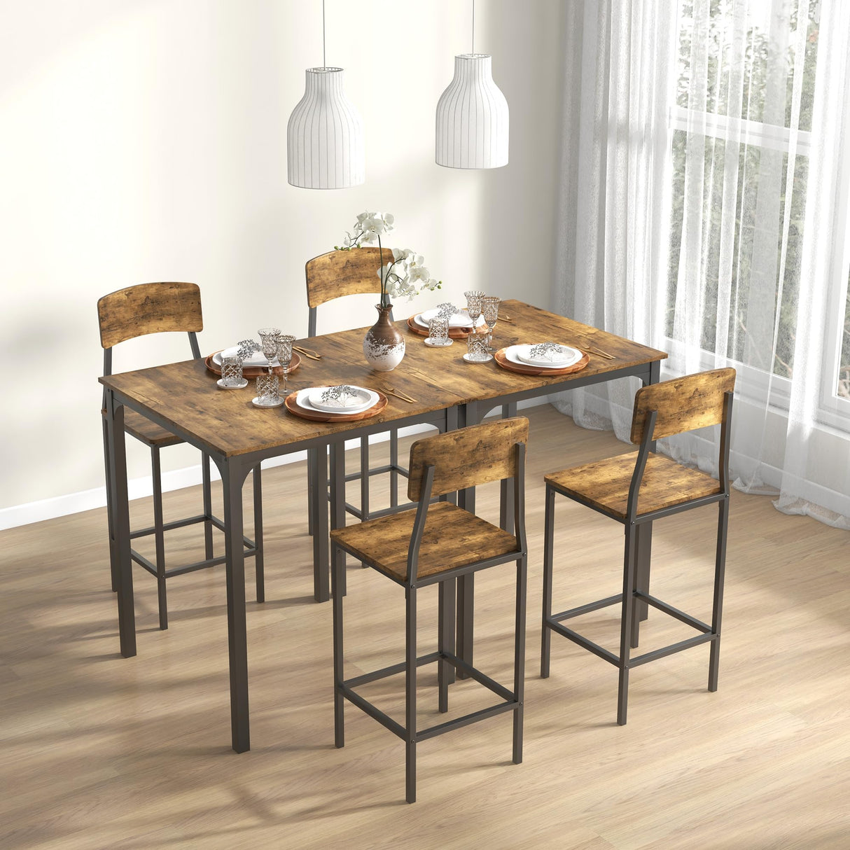 HOMCOM Industrial 3-Piece Counter Height Bar Table Set with Stools in Rustic Brown and Black HOMCOM