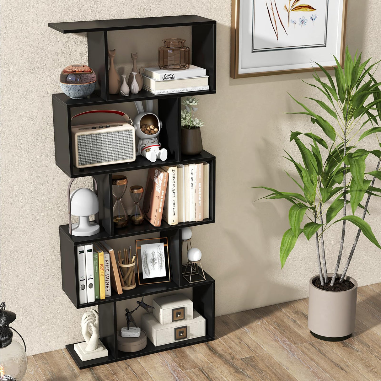 Giantex 5-Tier Geometric Bookshelf Set of 2 Black, 62.5" Tall Wood S-Shaped Bookcase with Anti-Tipping Device, Floor Standing Display Shelf for Bedroom, Living Room, Study Giantex