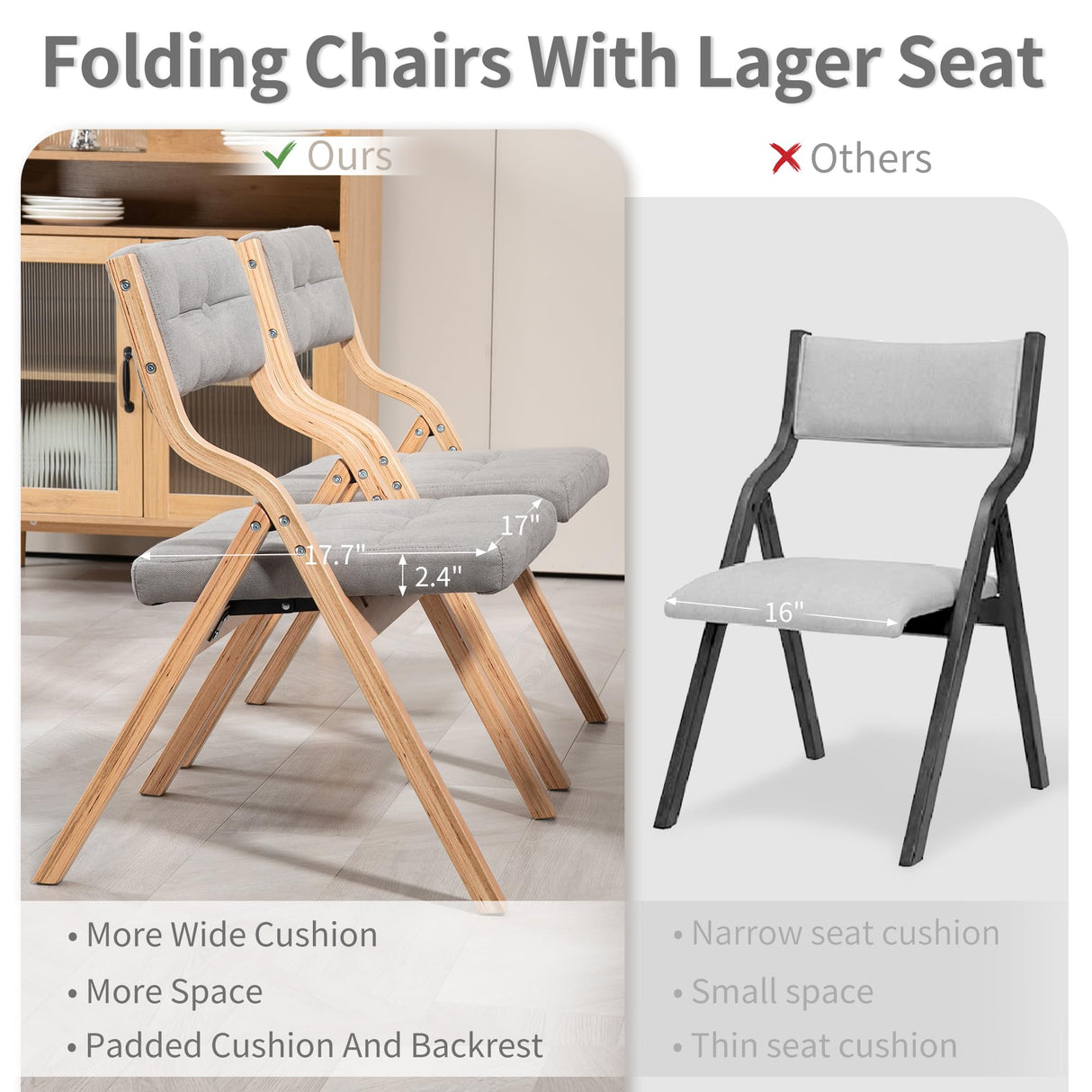 HOMEFUN Folding Chairs with Cushion, Wooden Padded Folding Chairs 2 Pack, Portable and Assembled Folding Dining Chair for Guests Kitchen Office Wedding and Party, Gray HOMEFUN