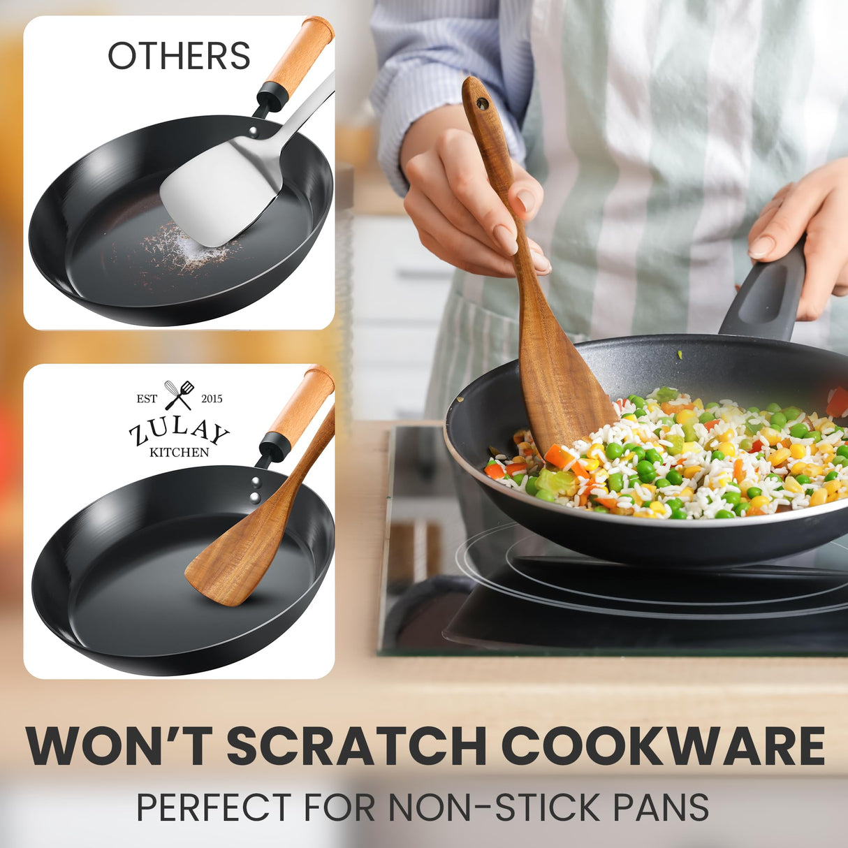 Zulay Kitchen 9-Piece Teak Wooden Utensils for Cooking - Smooth Finish Natural Teak Utensil Set - Non-Stick Wooden Spoons for Cooking - Kitchen Gift Set - Comfortable Grip Wooden Utensil Set Zulay Kitchen