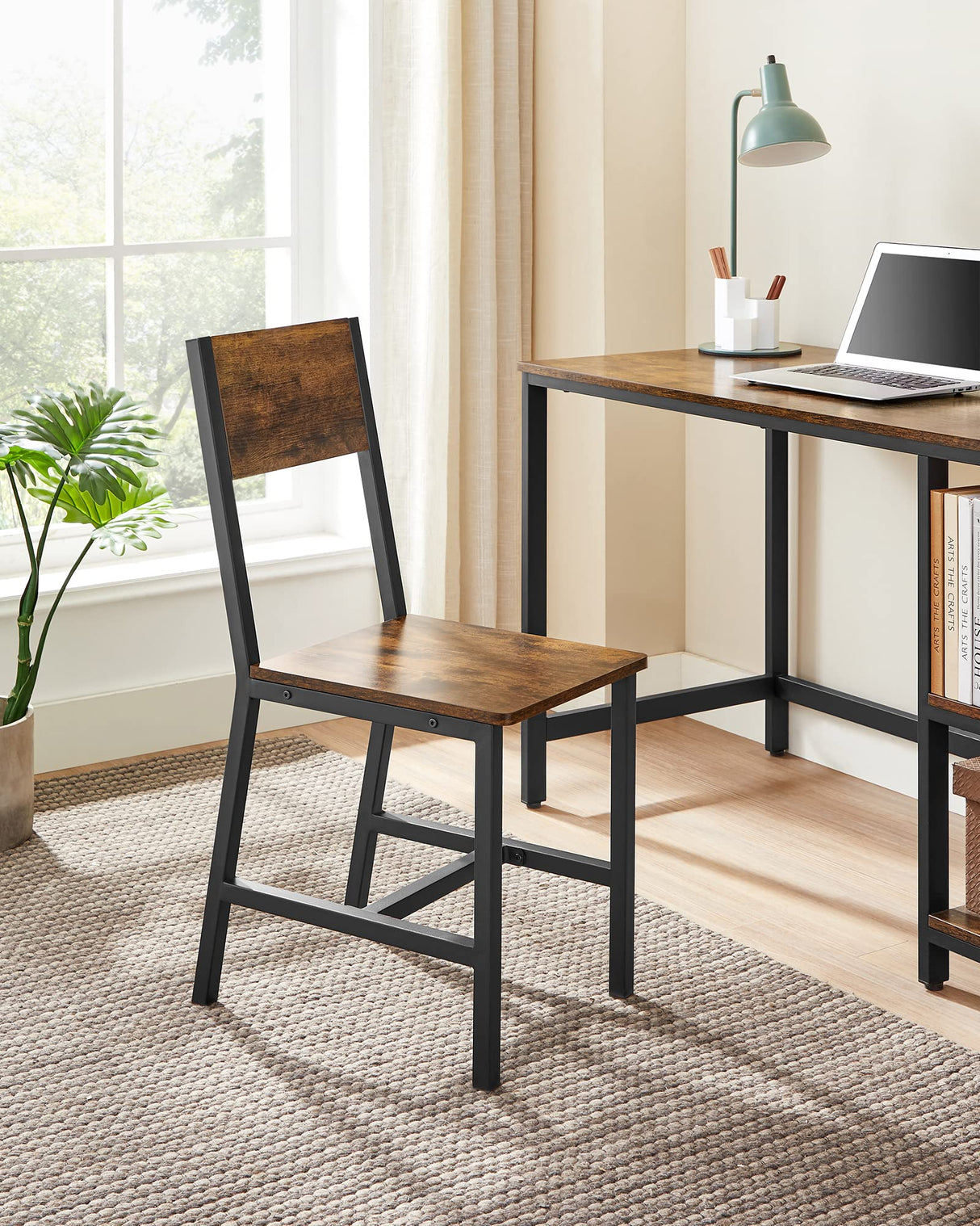 VASAGLE Dining Chair Set of 4, Rustic Wood Chairs with Metal Steel Frame, Easy to Assemble, Comfortable Seat, Modern Farmhouse Chair for Kitchen, Bedroom, Living Room, Rustic Brown and Ink Black VASAGLE