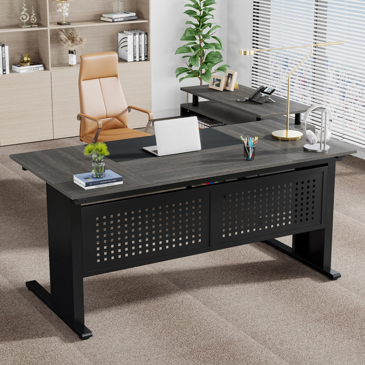 Tribesigns 63 Inch Executive Desk with File Cabinet, Large Office Desk L Shaped Computer Desk with Drawers and Storage Shelves, Business Furniture Desk Workstation for Home Office, Gray and Black Tribesigns