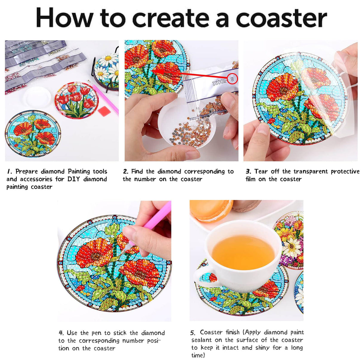 8 Pcs Flower Diamond Painting Coasters Kit with Holder, DIY Flowers Diamond Coaster Non-Slip Coaster for Adults, Crystal Full Drill Rhinestone Diamond Art Diamond Painting Kit Supplies LWZAYS