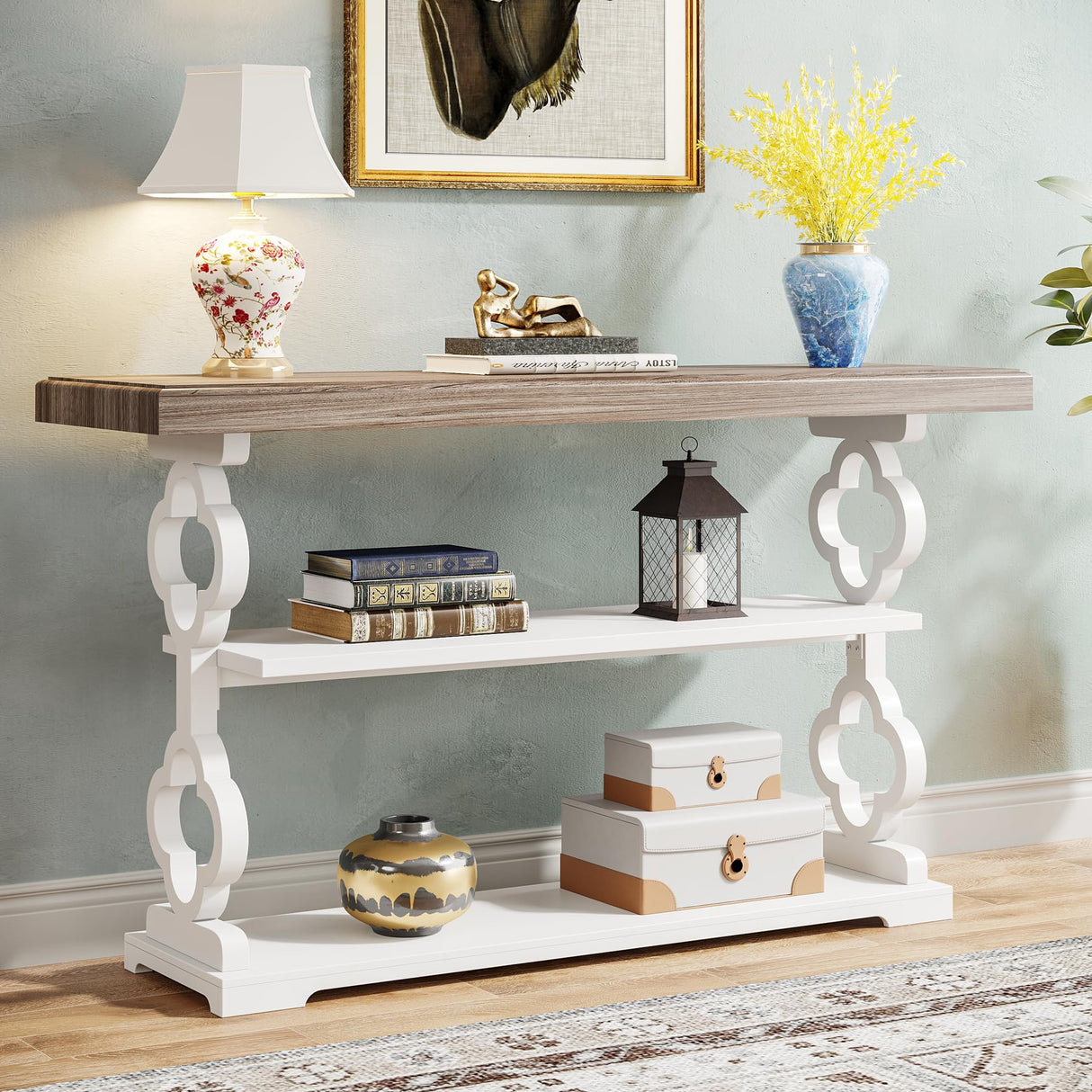 Tribesigns Farmhouse Console Table, 55 inch Rustic Entryway Sofa Table with Storage Shelves, 3 Tier Wood Long Accent Entry Table for Hallway, Entrance, Living Room, Foyer, Grey and White Tribesigns
