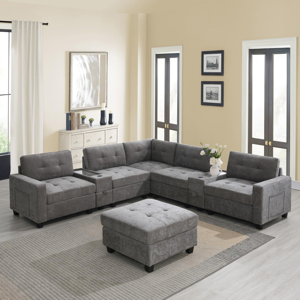 Merax 104 * 104" Chenille Sectional Couches with 2 Acrylic Consoles, Upholstered Modular Tufted Sofa Chaise with Ottoman, Storage Drawers, Pockets, USB Charger & Cup Holders for Living Room Apartment Merax