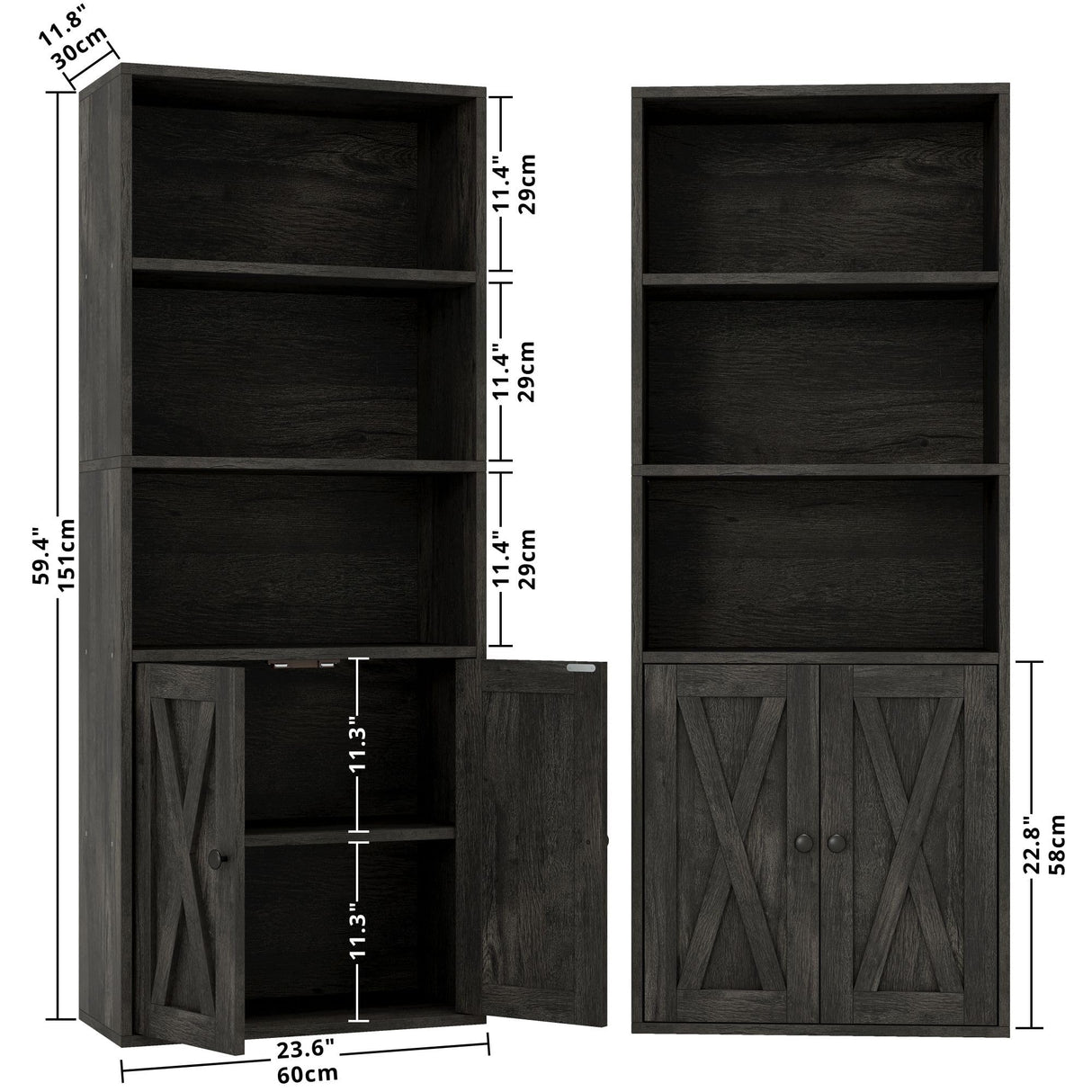 IRONCK Industrial Bookshelves and Bookcases with Doors 11.8 in Depth Set of 2 Floor Standing 5 Shelf Display Storage Shelves Bookcase Home Decor Furniture for Home, Office, Living Room, Bedroom IRONCK