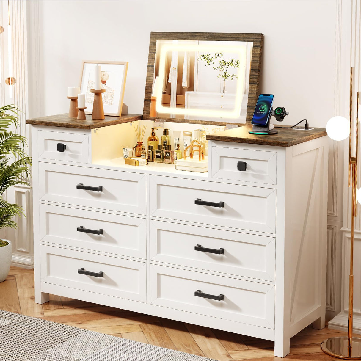 BROTTAR Dresser with Mirror for Bedroom, Chest of Drawers with LED Mirror, 8 Drawer Dresser with Charging Station, White Kids Dressers, Farmhouse Makeup Vanity with Storage for Bedroom BROTTAR