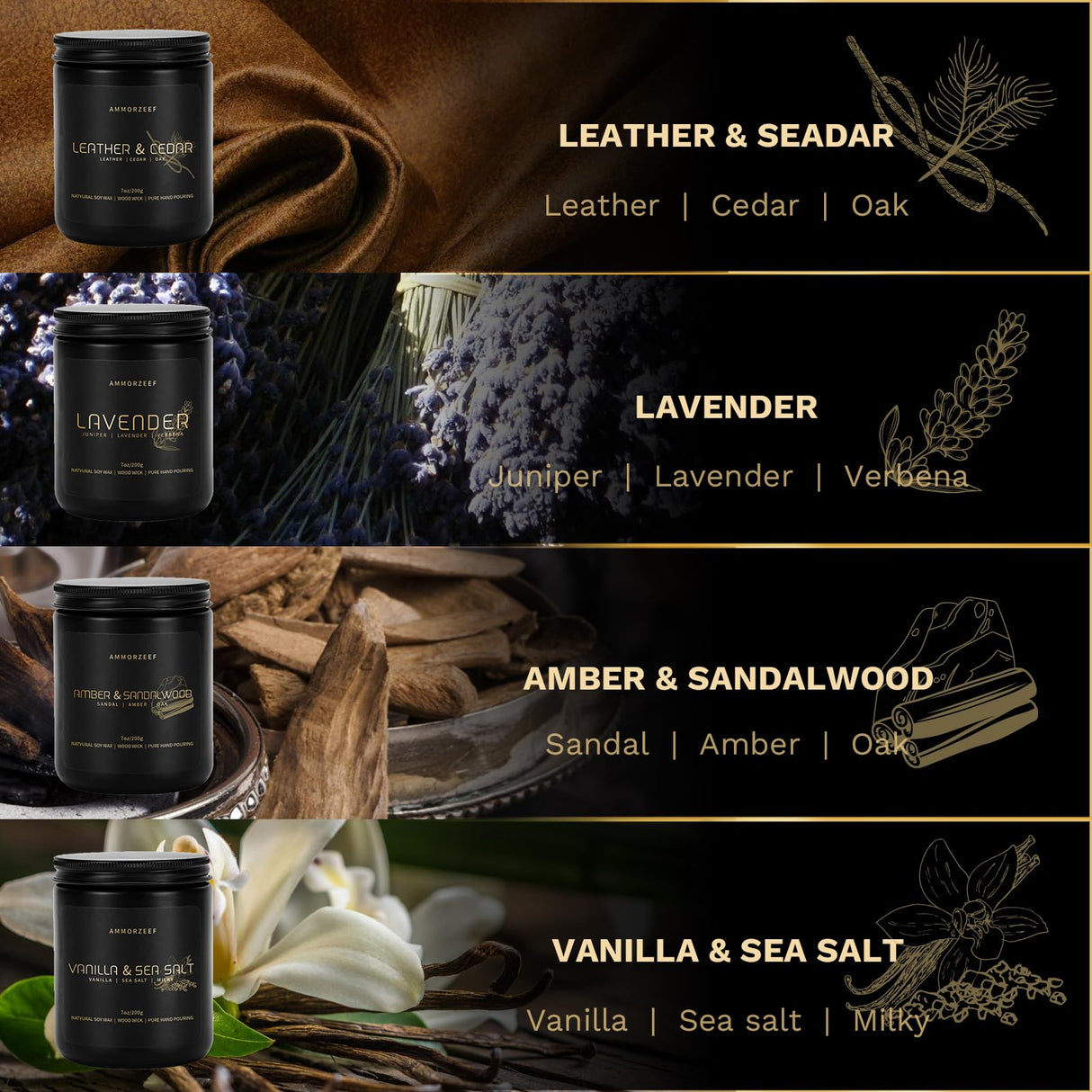 AMMORZEEF 4 Pack Manly Scented Candles for Men Soy Candle Set for Home Wood Wick Aromatherapy Candles for Relaxation Scented Leather Cedar/Lavender/Amber Sandalwood/Vanilla Candles AMMORZEEF