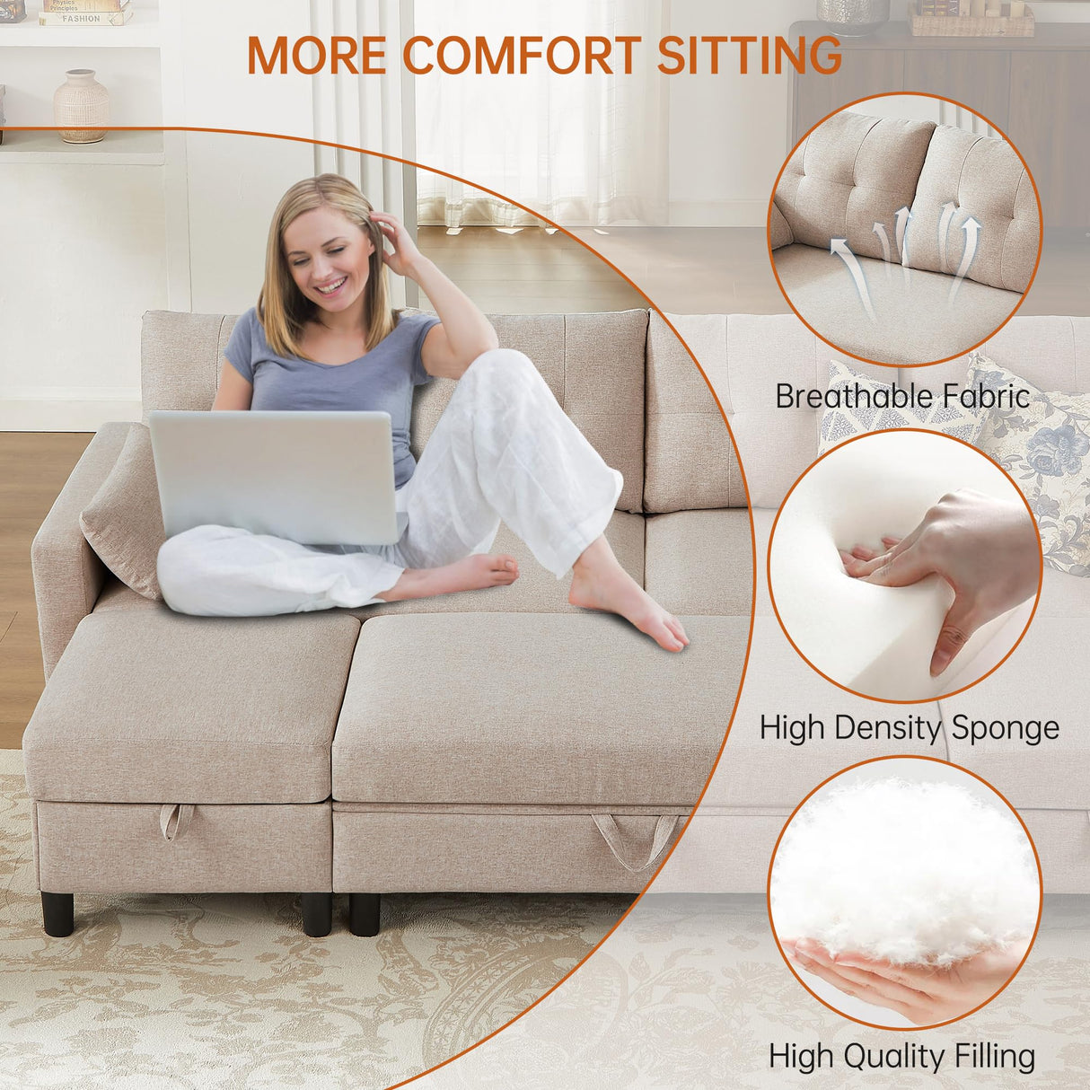 Convertible Sectional Sleeper Sofa with Storages, 100" U Shaped 4 Seater Couch with 2 Movable Ottomans and 1 Ottoman Bench Polyester Fibre for Living Room, Beige Soscana