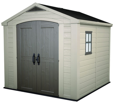 Keter Factor 8x8 Foot Large Resin Outdoor Shed with Floor for Patio Furniture, Lawn Mower, and Bike Storage, Taupe & Brown