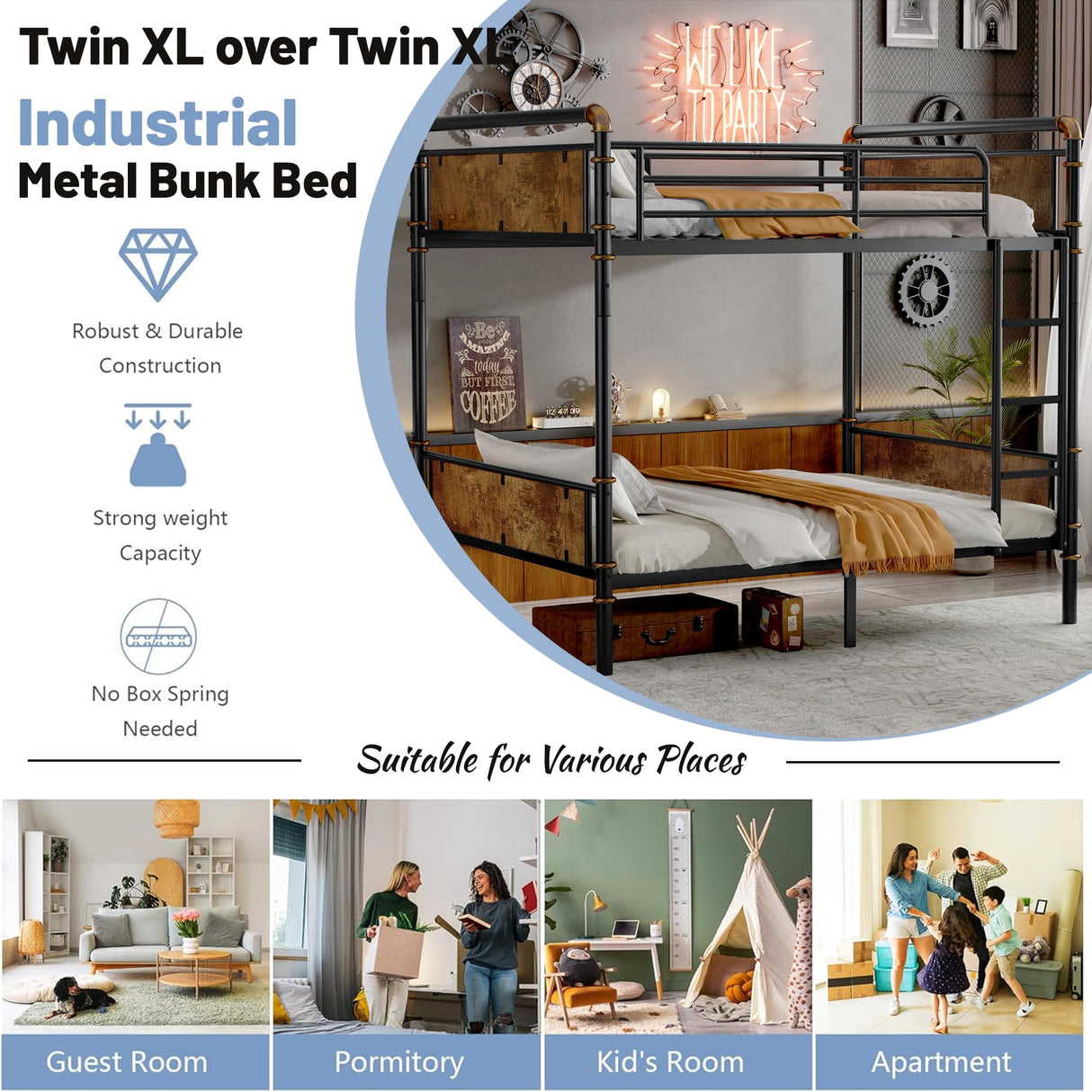Twin XL over Twin XL Industrial Bunk Beds for Kids and Teens , Heavy-Duty 2 IN 1 Metal Convertible Bunk Bed with Ladder and Slats Support ,15.9" High Guard Rail,Space-Saving ,Noise Reduced,Black MoproBeti