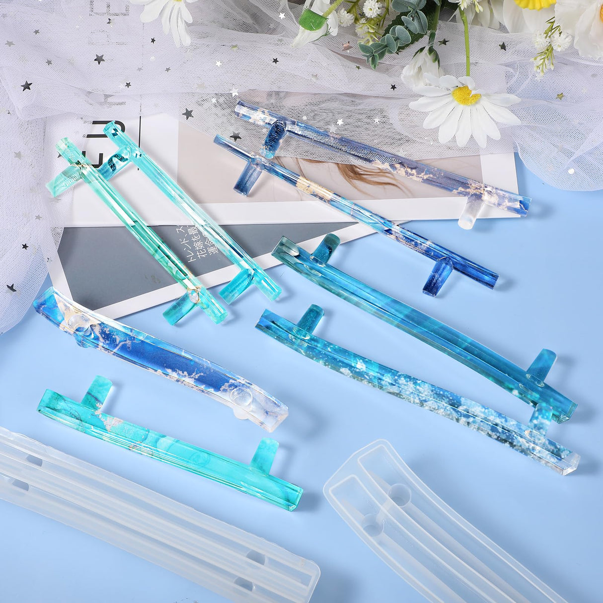 meekoo 2 Pcs Large Silicone Resin Tray Molds with 4 Pcs Handles Serving Tray Molds Resin Mold for Making Jewelry Plates Tea Coasters Art Craft Casting Supplies (Flower, Oval) meekoo